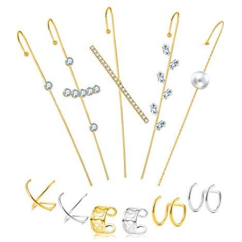 Ofeiyaa 11 Pcs Ear Wrap Crawler Hook Earrings Ear Cuffs Earrings for Women Girls Stainless Steel Non-Piercing Helix Cartilage Clip On Wrap Earrings Set