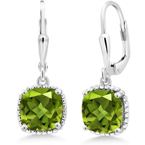 Gem Stone King 925 Sterling Silver Green Peridot Women Dangling Earrings 4.90 Cttw Cushion Cut Gemstone Birthstone 8MM