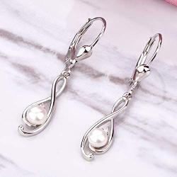 YL Inifinity Earrings 925 Sterling Silver 4mm Freshwater Pearl Leverback Earrings 18k White Gold Twist Dangle Drop Jewelry for Women