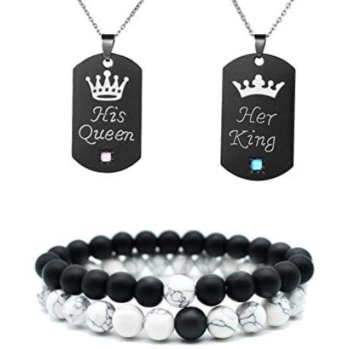 YANCHUN Couple Necklaces Bracelets for Him and Her Love Heart Puzzle Matching Engraved I Love You Necklace for Women Men