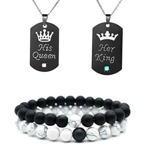 YANCHUN Couple Necklaces Bracelets for Him and Her Love Heart Puzzle Matching Engraved I Love You Necklace for Women Men