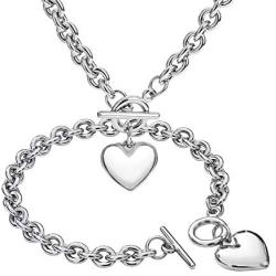 Silver/18k Gold Plated Chunky Charm Stainless Steel Heart Chain Choker Bracelet and Necklace Set for Womens Girls Fashion Valentine Jewelry Set