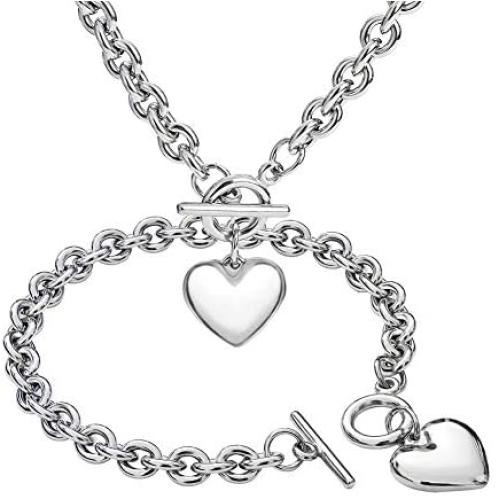 Silver/18k Gold Plated Chunky Charm Stainless Steel Heart Chain Choker Bracelet and Necklace Set for Womens Girls Fashion Valentine Jewelry Set