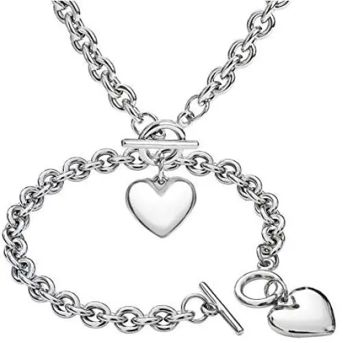 Silver/18k Gold Plated Chunky Charm Stainless Steel Heart Chain Choker Bracelet and Necklace Set for Womens Girls Fashion Valentine Jewelry Set