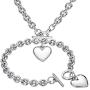 Silver/18k Gold Plated Chunky Charm Stainless Steel Heart Chain Choker Bracelet and Necklace Set for Womens Girls Fashion Valentine Jewelry Set