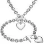 Silver/18k Gold Plated Chunky Charm Stainless Steel Heart Chain Choker Bracelet and Necklace Set for Womens Girls Fashion Valentine Jewelry Set