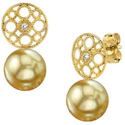 THE PEARL SOURCE 14K Gold Round Genuine Golden South Sea Cultured Pearl & Diamond Faye Earrings for Women