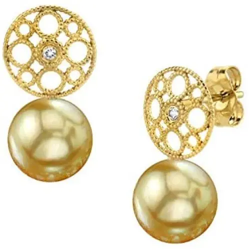 THE PEARL SOURCE 14K Gold Round Genuine Golden South Sea Cultured Pearl & Diamond Faye Earrings for Women THE PEARL SOURCE 14K Gold Round Genuine Golden South Sea Cultured Pearl & Diamond Faye Earrings for Women
