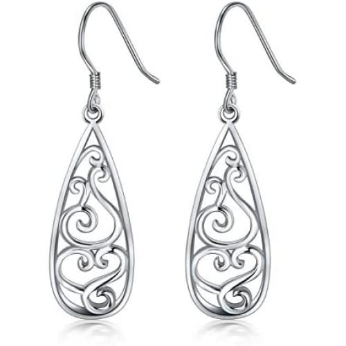 925 Sterling Silver Earrings, BoRuo Filigree Teardrop Earrings
