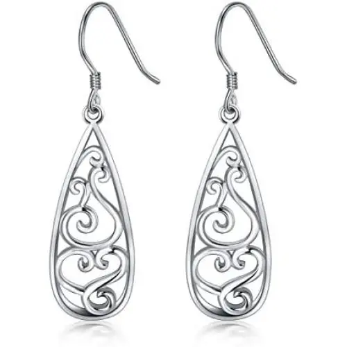 925 Sterling Silver Earrings, BoRuo Filigree Teardrop Earrings 925 Sterling Silver Earrings, BoRuo Filigree Teardrop Earrings