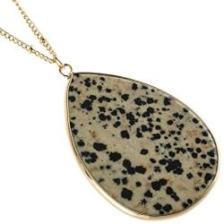 RIAH FASHION Bohemian Natural Stone Pendant Long Necklace - Boho Charm Layering Statement Chain Teardrop, Oval Raw Stone Druzy, Marble Quartz