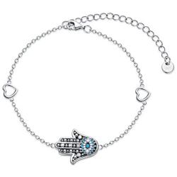 PEIMKO Greek Adjustable Protection Sterling Silver Evil Eye Hamsa Hand Bracelet, Blue Cubic Zirconia Link Bracelet for Women Ladies