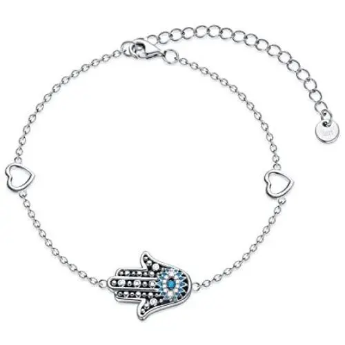 PEIMKO Greek Adjustable Protection Sterling Silver Evil Eye Hamsa Hand Bracelet, Blue Cubic Zirconia Link Bracelet for Women Ladies PEIMKO Greek Adjustable Protection Sterling Silver Evil Eye Hamsa Hand Bracelet, Blue Cubic Zirconia Link Bracelet for Women Ladies