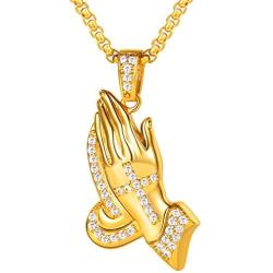 FaithHeart Bible Verse Praying Hand Necklace Gold Plated/Stainless Steel Christian Iced Out Pendant with Gift Box, Prayer Coin Medal Baptism Jewelry for Women Men Customize Available
