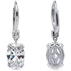BERRICLE Rhodium Plated Sterling Silver Oval Cut Cubic Zirconia CZ Solitaire Leverback Anniversary Fashion Dangle Drop Earrings
