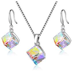 Uloveido Girls Square Cube Authentic Austrian Crystal Hook Earrings and Rainbow Necklace Sets for Women - 925 Sterling Silver Wedding Engagement Jewelry Sets Box Packing Y418