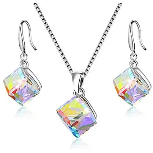 Uloveido Girls Square Cube Authentic Austrian Crystal Hook Earrings and Rainbow Necklace Sets for Women - 925 Sterling Silver Wedding Engagement Jewelry Sets Box Packing Y418