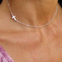 TseanYi Cross Pendant Necklace Chain Silver Sidesway Cross Choker Necklace Short Chain Religion Necklace Jewelry for women and Girls (Silver)