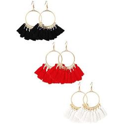 Gejoy Tassel Hoop Earrings Fan-shaped Drop Earrings Dangle Eardrop for Women Girls Party Bohemia Dress Accessory, 3 Pairs