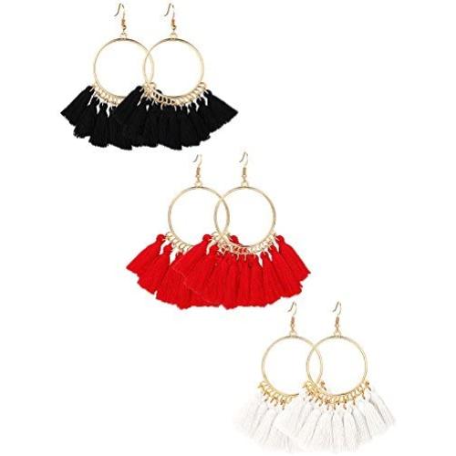 Gejoy Tassel Hoop Earrings Fan-shaped Drop Earrings Dangle Eardrop for Women Girls Party Bohemia Dress Accessory, 3 Pairs