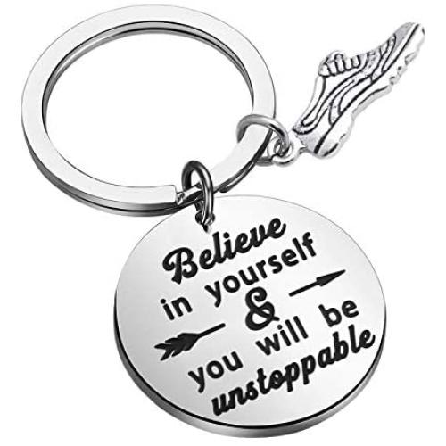 BEKECH Runner Keychain Runner Believe in Yourself and You Will be Unstoppable Keychain with Running Shoe Running Jewelry Marathon Jewelry Gift for Runners