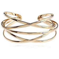 Multi-Layer Cross Wire Bangle Minimalist Simple Coil Punk Style Cuff Open Adjustable Wide Bracelet for Women Teen Girls Fashion Jewelry Armlet Armband Bangle