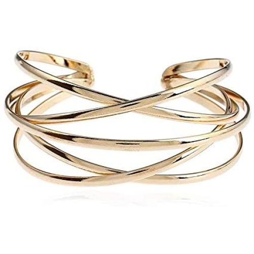 Multi-Layer Cross Wire Bangle Minimalist Simple Coil Punk Style Cuff Open Adjustable Wide Bracelet for Women Teen Girls Fashion Jewelry Armlet Armband Bangle