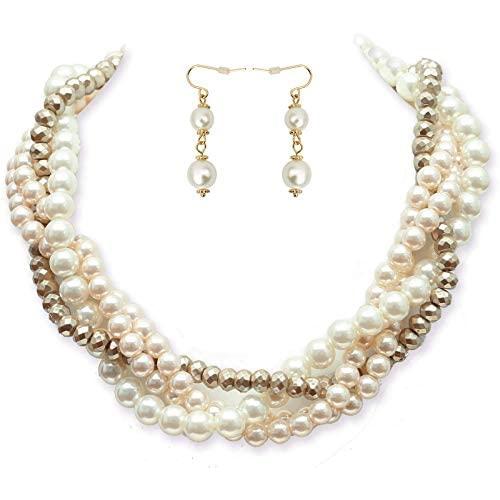 Large Pearl Necklace Costume Jewelry Sets for Women,Twist Multi-strand Pearl Statement Necklace Earrings Set for Women