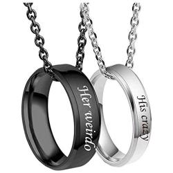 MJartoria Matching Necklaces for Couples-His Crazy Her Weirdo Engraved Ring Pendant Necklaces Anniversary Valentines Day Gifts for Boyfriends Girlfriends