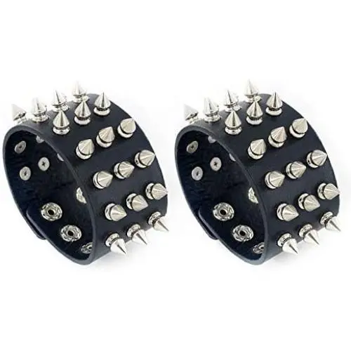 2Pcs Punk Leather Spike Studded Bracelet Set Rivet Biker Strap Leather Cuff Wrap Bangle Bracelet Wide Snap Button Bracelets for Unisex 2Pcs Punk Leather Spike Studded Bracelet Set Rivet Biker Strap Leather Cuff Wrap Bangle Bracelet Wide Snap Button Bracelets for Unisex