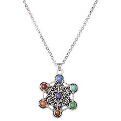 PSEEHEE Tree of Life Flower of Life Sacred Geometry 7 Chakra Healing Crystals Necklace, Reiki Stones Pendant Jewelry