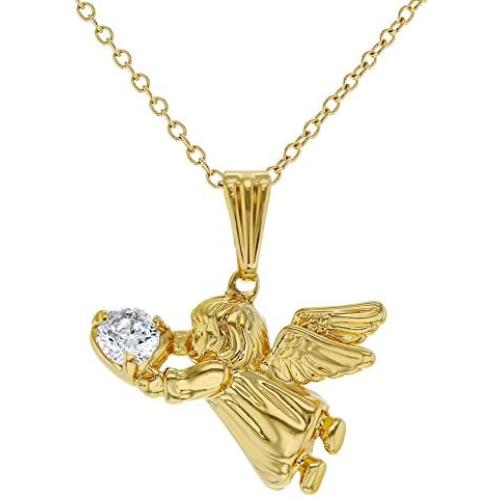In Season Jewelry 18k Gold Plated Guardian Angel Pendant Necklace Kids Girls Children CZ 16''