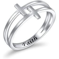 Inspirational Jewelry Sterling Silver Engraved Faith Double Cross Ring Christian Fashion Band Ring for Women Mother, Size 5-10
