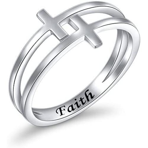 Inspirational Jewelry Sterling Silver Engraved Faith Double Cross Ring Christian Fashion Band Ring for Women Mother, Size 5-10