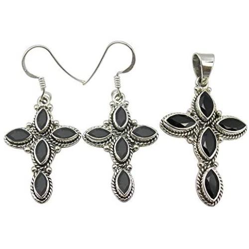 SilverStarJewel Cross Earrings Pendant Set Everyday Wear | 925 Solid Silver Genuine BLACK ONYX