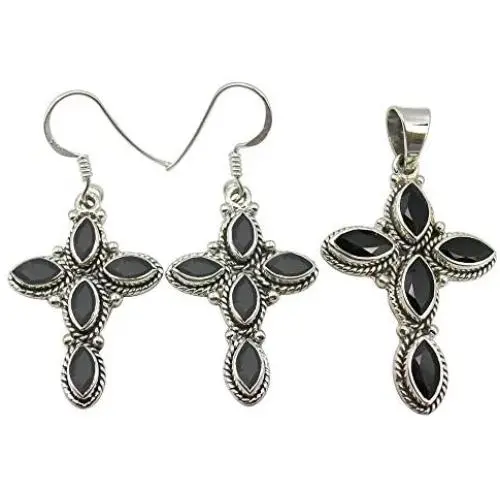 SilverStarJewel Cross Earrings Pendant Set Everyday Wear | 925 Solid Silver Genuine BLACK ONYX SilverStarJewel Cross Earrings Pendant Set Everyday Wear | 925 Solid Silver Genuine BLACK ONYX