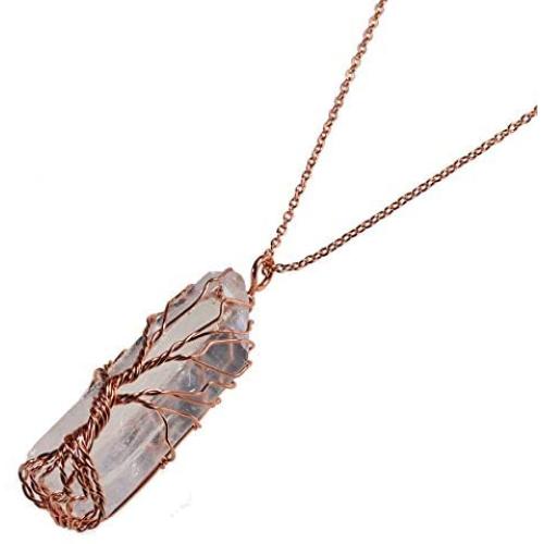Natural Clear Rock Quartz Wire Wrapped Healing Reiki Crystal Tree of Life Pendant
