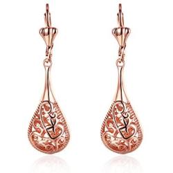 Mothers Day Gifts Filigree Teardrop Leverback Dangle Earrings for Women Rose Gold Plated Jewelry Hypoallergenic Earrings