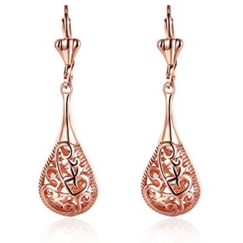 Mothers Day Gifts Filigree Teardrop Leverback Dangle Earrings for Women Rose Gold Plated Jewelry Hypoallergenic Earrings