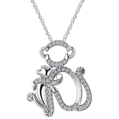 Pretty Jewels Sterling Silver 0.14 CT Natural Diamond Monkey Mom Holding Child Mothers Love Pendant Necklace with 18'' Chain