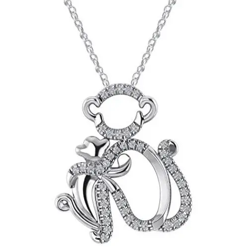 Pretty Jewels Sterling Silver 0.14 CT Natural Diamond Monkey Mom Holding Child Mothers Love Pendant Necklace with 18'' Chain