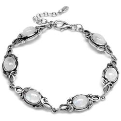 Silvershake 8x6mm Oval Natural Moonstone 925 Sterling Silver Leaf Vintage Inspired 7 to 8.5 Inch Adjustable Bracelet