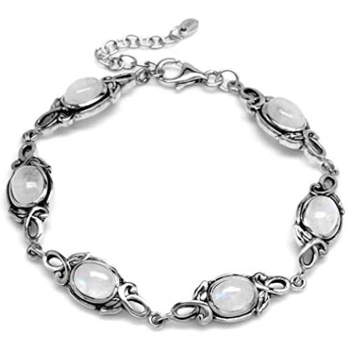 Silvershake 8x6mm Oval Natural Moonstone 925 Sterling Silver Leaf Vintage Inspired 7 to 8.5 Inch Adjustable Bracelet