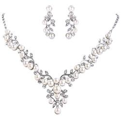 EVER FAITH Womens Crystal Simulated Pearl Leaf Vine Necklace Earrings Set Clear Silver-Tone