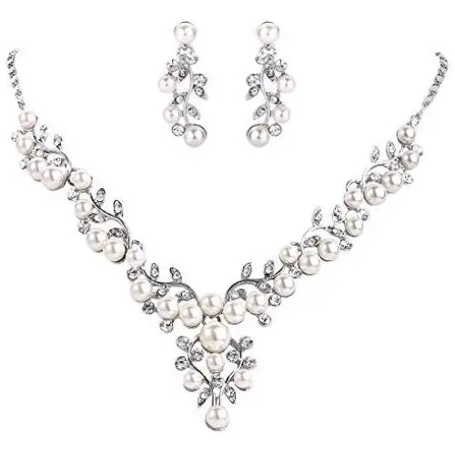 EVER FAITH Womens Crystal Simulated Pearl Leaf Vine Necklace Earrings Set Clear Silver-Tone EVER FAITH Womens Crystal Simulated Pearl Leaf Vine Necklace Earrings Set Clear Silver-Tone