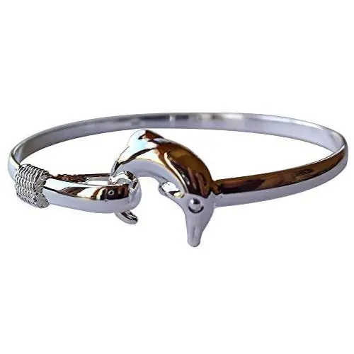 Yves Renaud Hypoallergenic Polished Silver Dolphin Charm Bangle Bracelet for Women, Girls