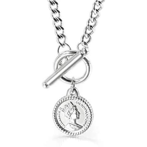 Elefezar Coin Pendant Necklace for Women Dainty Minimalist Medallion Toggle Chunky Chain Jewelry