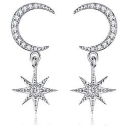 Angol Sterling Silver Drop &Dangle Moon Earrings, S925 Moon Drop Earrings with Cubic Zirconia, Crescent Moon Jewelry Dangling Earrings Hypoallergenic Jewelry for Women Teens with