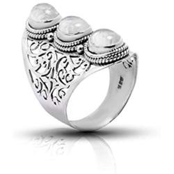 Koral Jewelry Moonstone 3 Stones Lace Ring 925 Sterling Silver Vintage Tribal Gipsy Boho Look US Size 6 7 8 9 10