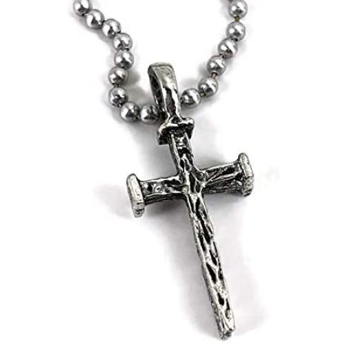 FORGIVEN JEWELRY Nail Cross Necklace Antique Silver Finish on Ball Chain